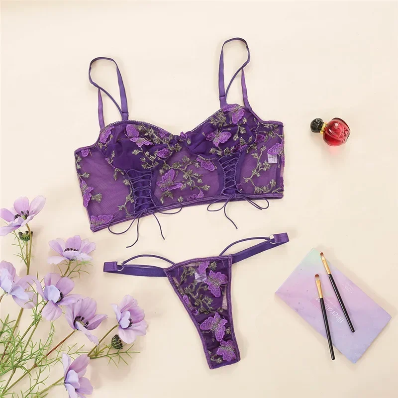 Sexy Lingеrie Set Women's Mesh Embroidery Three-point Sex Suit Lingerie Ultra Slip Pajamas Bra and Panty Set Female Underwear