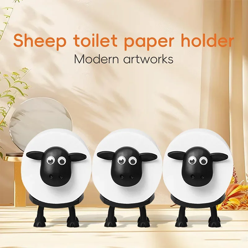 3pcs Sheep Toilet Roll Holder Funny Toilet Paper Holder Free Standing Bathroom Set Black Sheep Roll Rack Cute Bathroom Decor