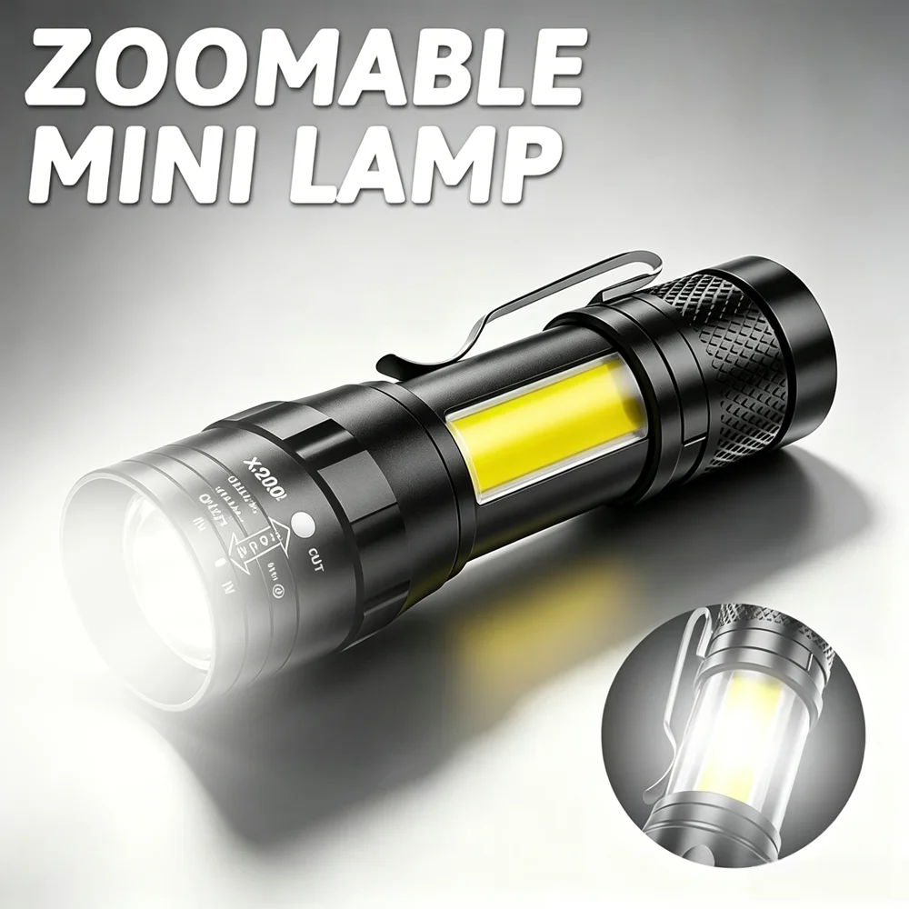 USB Rechargeable Mini Flashlight COB+XPE Portable Built-in Battery Zoomable Small Torch 3 Mode Camping Emergency Flashlights
