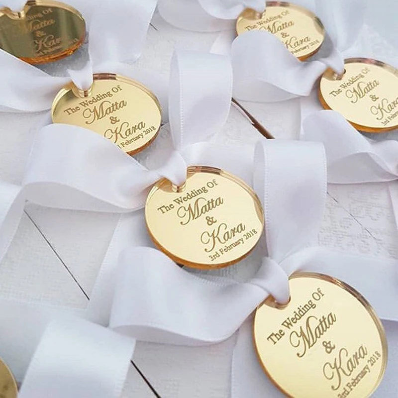 50pcs Personalized Bride Baptism Engraved Silver Mirror Round Decoration  Custom Mirror Gold Favor Tag For Wedding & Engagement