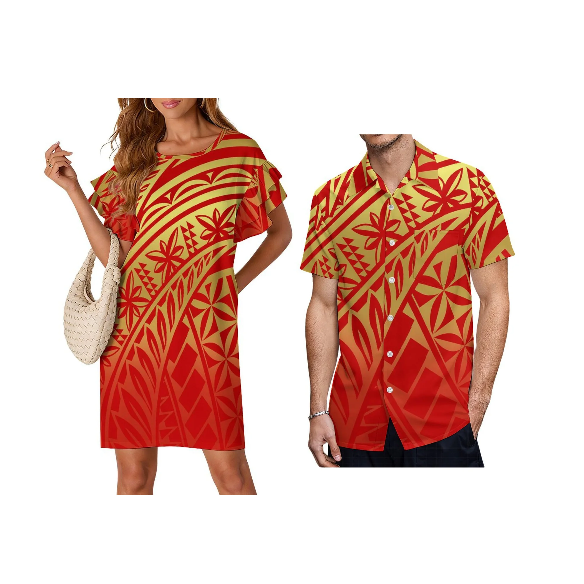 

Оптовая продажа: Женское модное платье с круглым вырезом, с полинезийским принтом, двойными оборками и расклешенными рукавами, в островном стиле