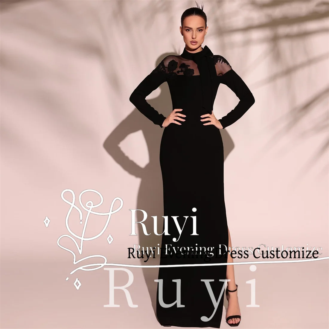 

Customized Classic Black Long Sleeves Prom Dress with Floral Appliques Formal Evening Dresses Off White Elegant Party Gown