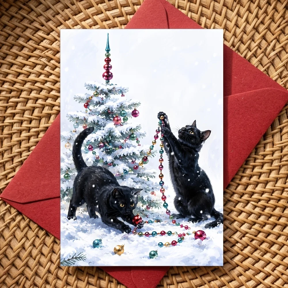 Snowy Christmas Card, Featuring Two Black Cats Interacting with Beads, Partner Friend Colleague, Christmas Dinner Office Part
