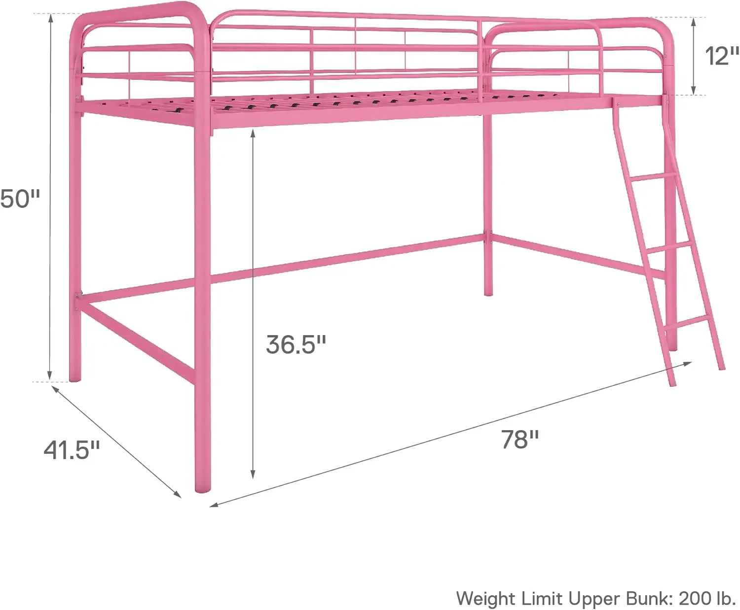 เตียงเด็กTwin Metal Loftเตียง 78 "L x 51" W x 50 "Hสไตล์โมเดิร์นบันไดGuardrails Slatวัสดุที่ทนทานโลหะสีชมพู