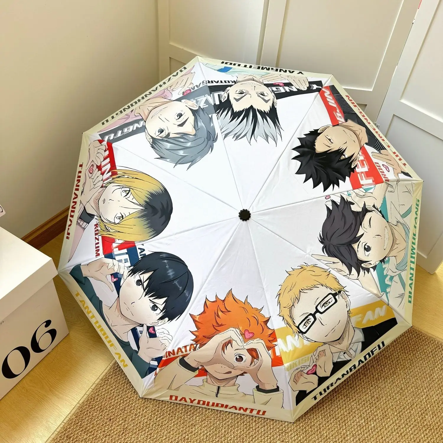 Black Coating Cartoon Volleyball Youth Anime Waterproof Full Automatic Umbrella UV Protection Folding Sunny And Rainy Umbrella