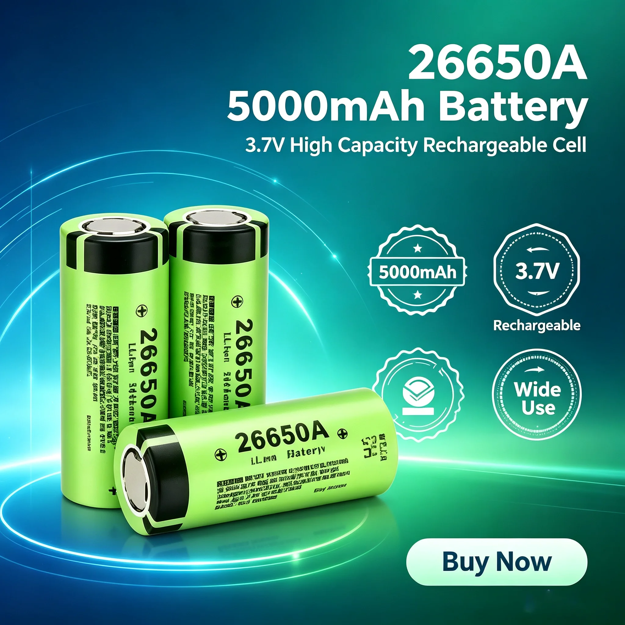 26650A 5000mAh 3.7V Li‑ion Rechargeable Battery 50A High Drain for LED Flashlight High‑Intensity Devices 26650 battery
