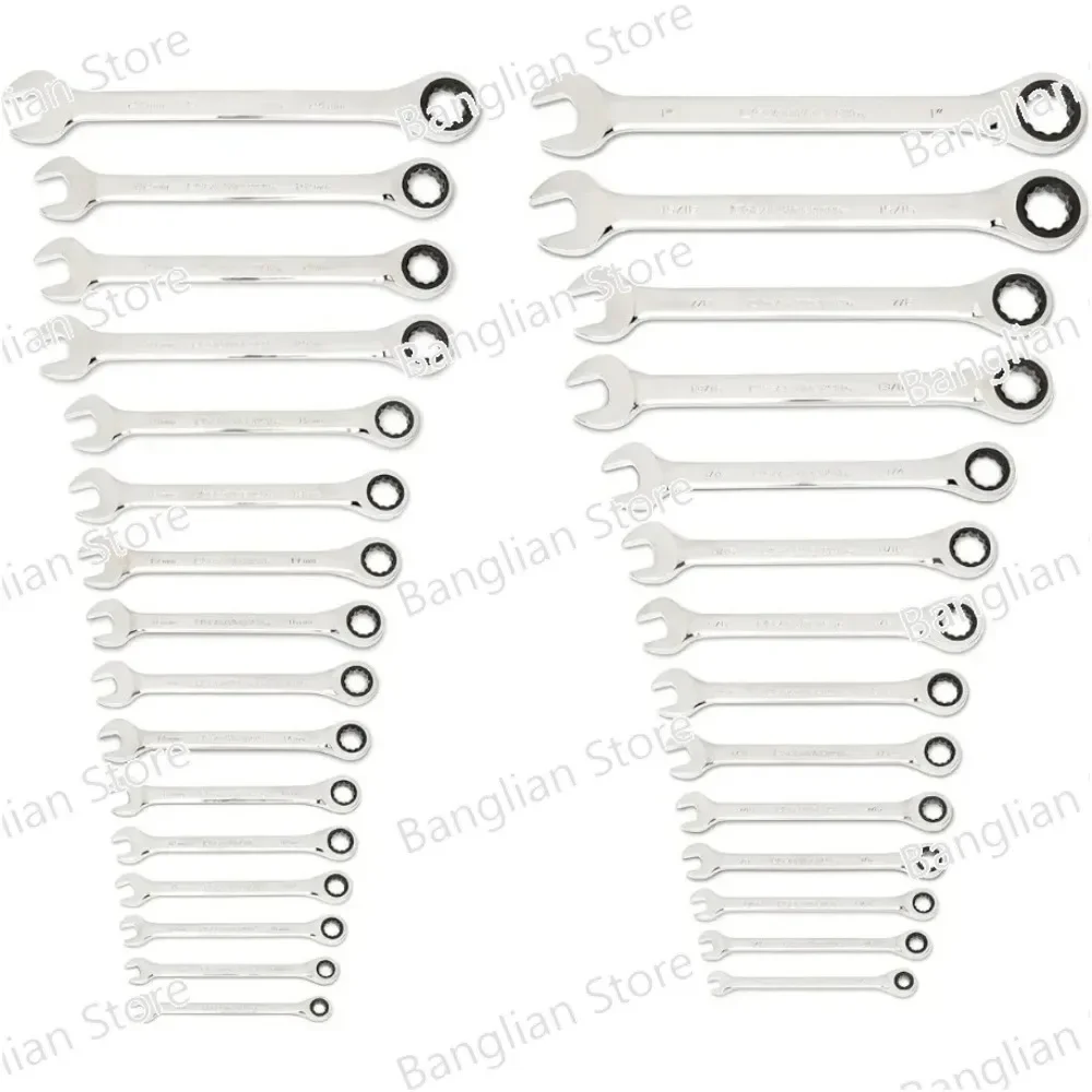 30 Piece 12 Point Ratcheting Combination SAE/Metric (1/4-1 in., 8-24 Mm) Wrench Set with Wrench Racks