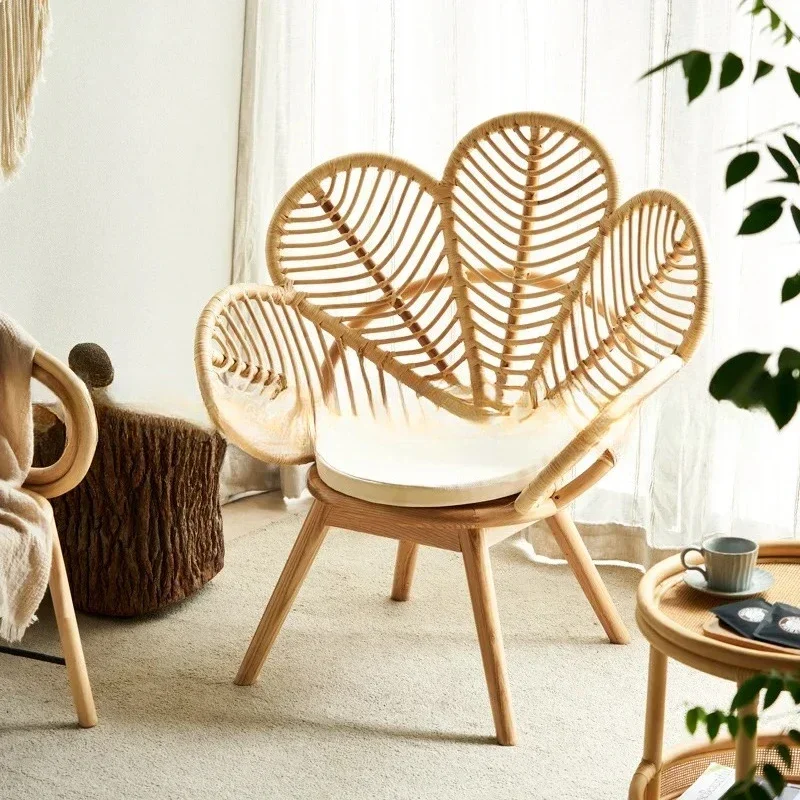 True rattan woven casual dining chair, simple petal Indonesian rattan Nordic backrest armchair