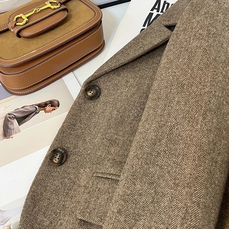 Coffee Color Retro Fashion Woolen Suit Jacket For Women Autumn Winter 2026 New Single Breasted Versatile Blazer Coat W1101
