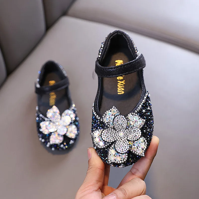 Autumn Girls Sequins Bow Leather Shoes Children Wedding Sandals Kids Crystal Single Princess Shoes J389