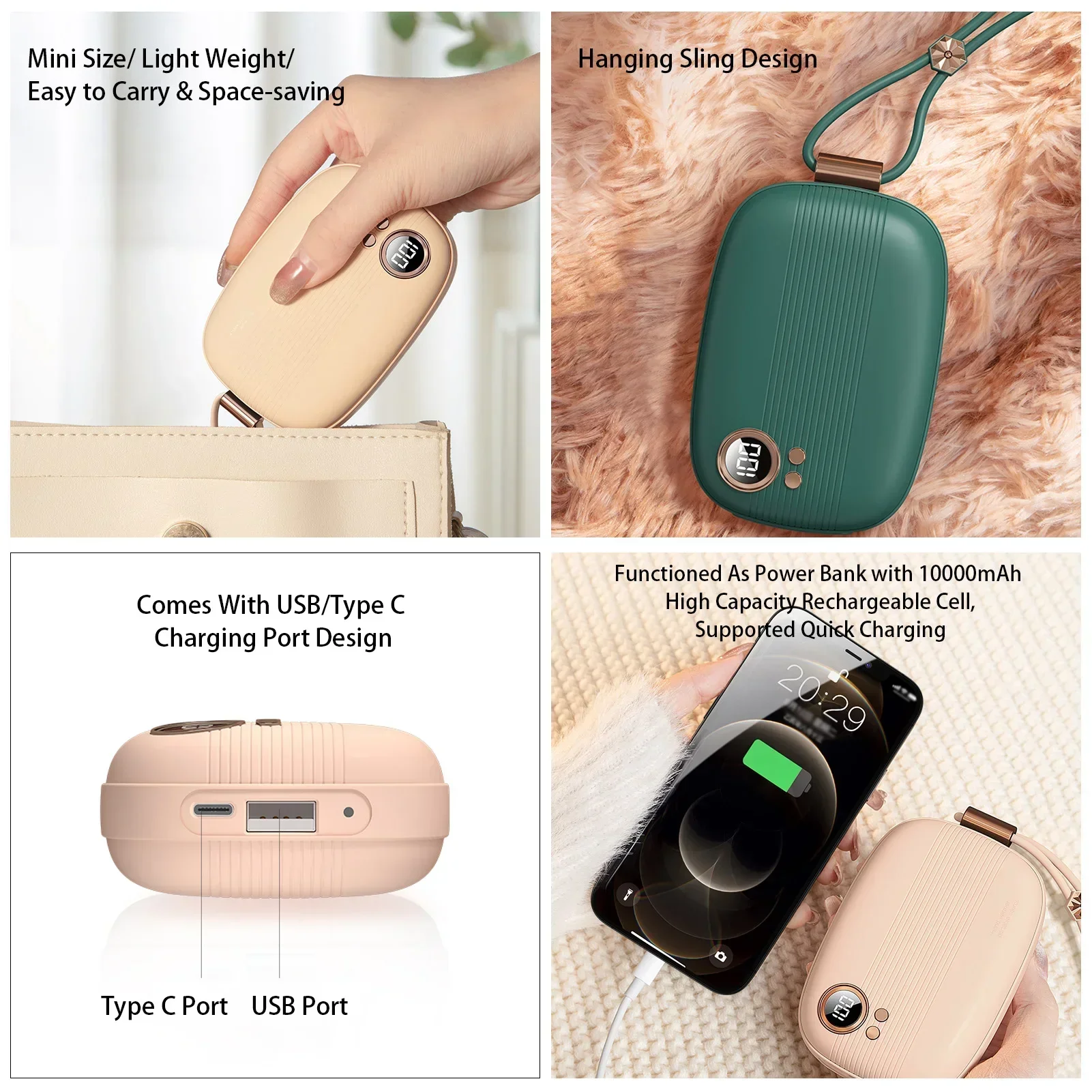 10000mAh Pocket Hand Warmer 2IN1 Power Bank Mini Electric Hand Warmer USB Rechargeable Heater Household Outdoor Travel