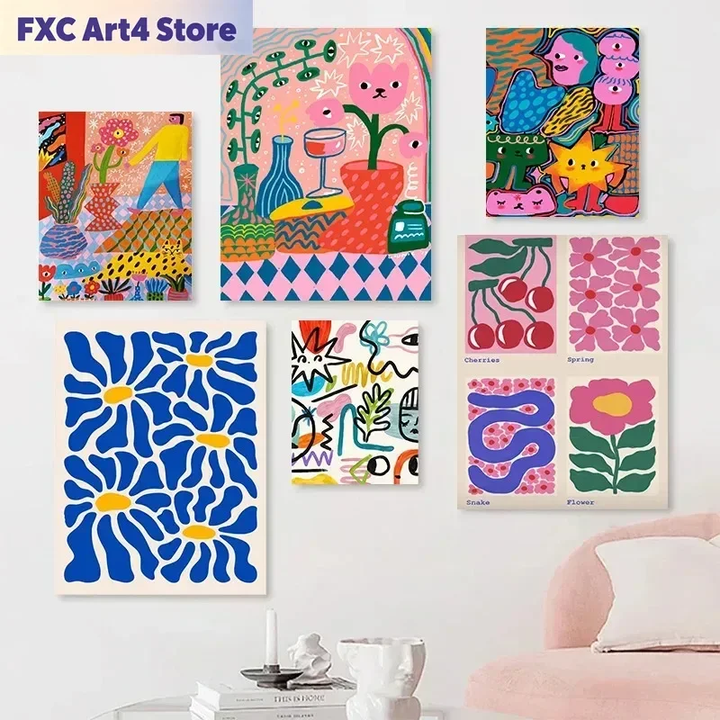 Frameless Abstract Colorful Graffiti Aesthetic Poster Cherry Flower Wall Art Canvas Painting Print Picture Living Room Interior