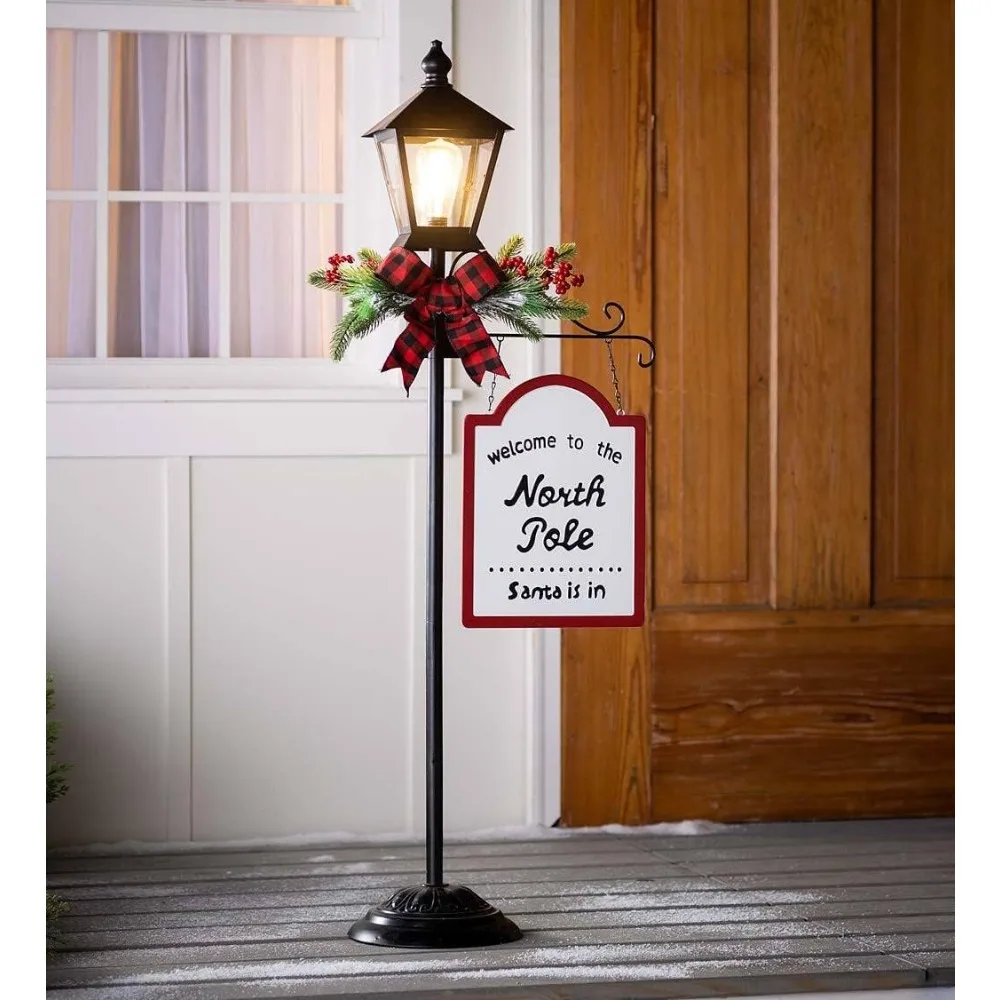 Plow & Hearth Vintage Holiday Lamppost with Removable Welcome Sign| Battery-Operated Edison Bulb with Auto-Timer| Use Anywhere I