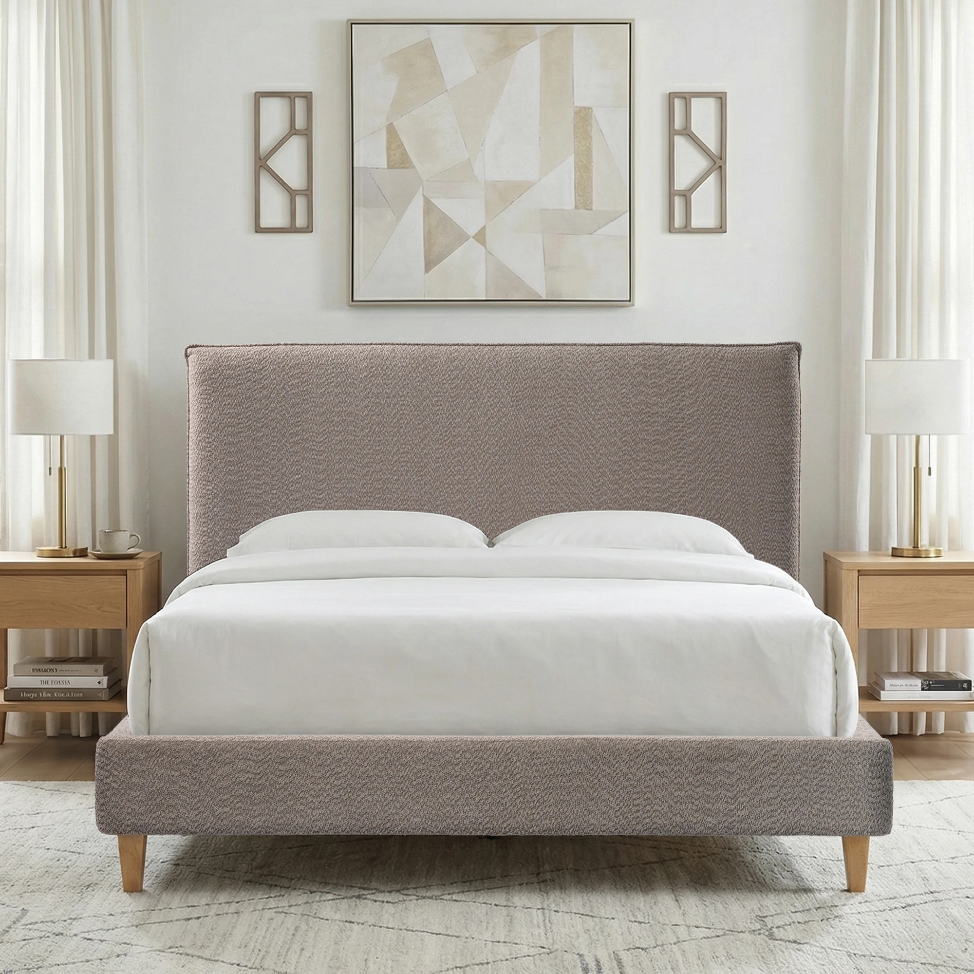 Upholstered Bed Frame with Modern Boucle Headboard, Queen Size, Minimalist, Platform Bed, No Box Spring Required, Bed Frame Wood