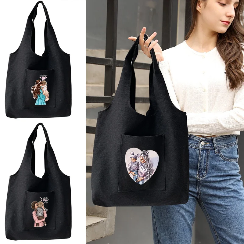 

Women Canvas Shoulder Bag Mom Print Series Harajuku Handbag Reusable Large Capacity Shopping Bag Ladies Casual Beach Tote Bag