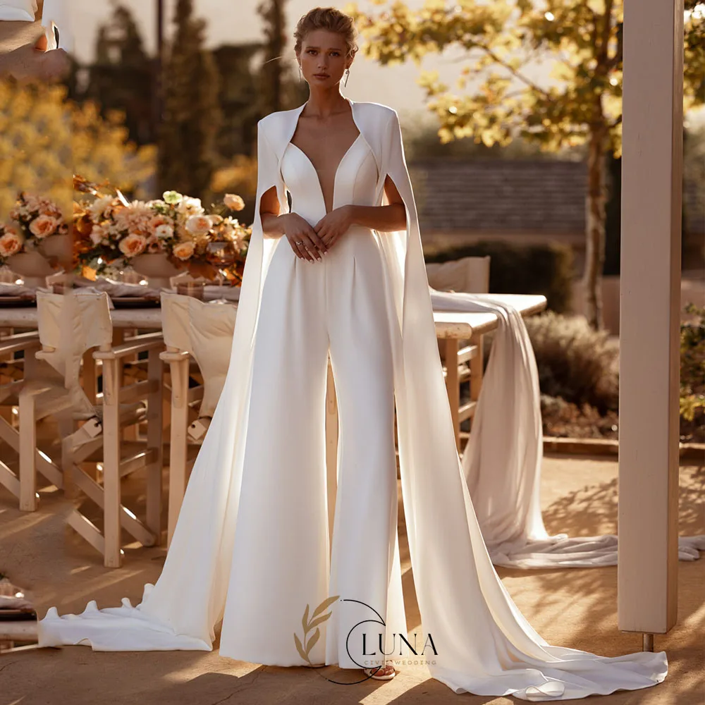 Luna Customized Latest Two Pieces Wedding Dresses White Pants Suit Bridal Gowns Jumpsuit Bride Dress with Cape Wedding Gowns