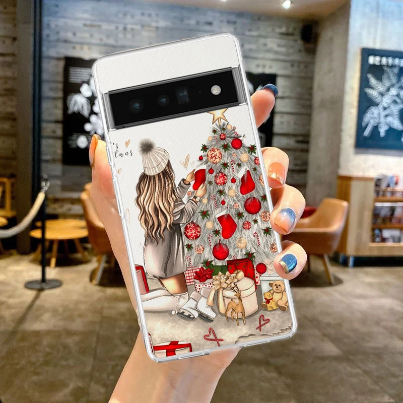 Christmas Art Girls Coffee For Google Pixel 8 7 6 Pro 6A 5 4 5A 4A 3A XL 5G Phone Case Silicone Shockproof TPU Transparent Cover