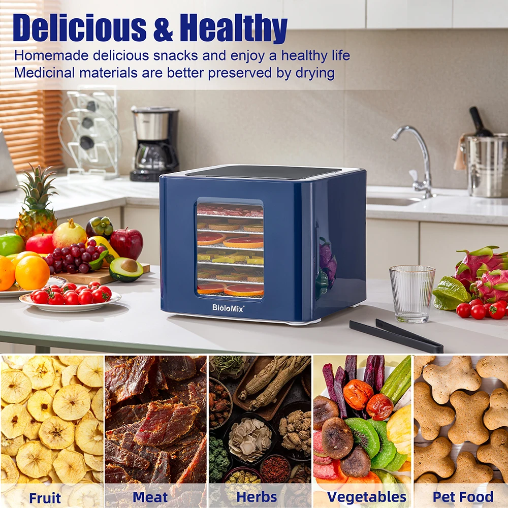 BioloMix 6 Trays Food Dehydrator with Digital Temperature and Time,LED Touch Control,Dryer for Fruit Vegetable Meat Beef Jerky