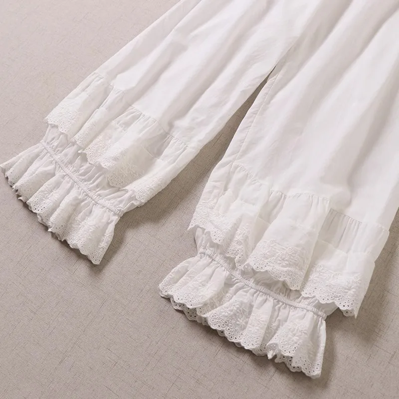 Japanese-Style Mori Girl Sweet Double-Layer Embroidered Lace White Wide-Leg Pants New Loose High-Waisted Casual Pure Cotton Cropped Pants