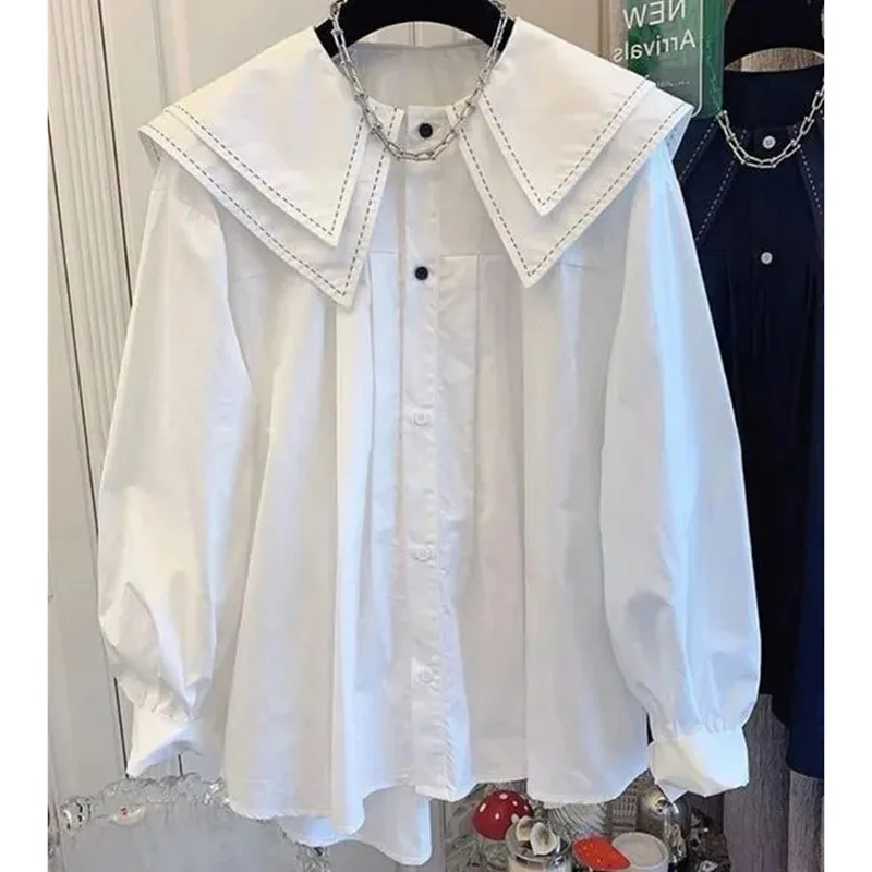 Spring Autumn Women Doll Collar Cardigan Blouse Korean Female Loose Solid Color Shirt Tops Lady Fashion Lantern Sleeve Shirts