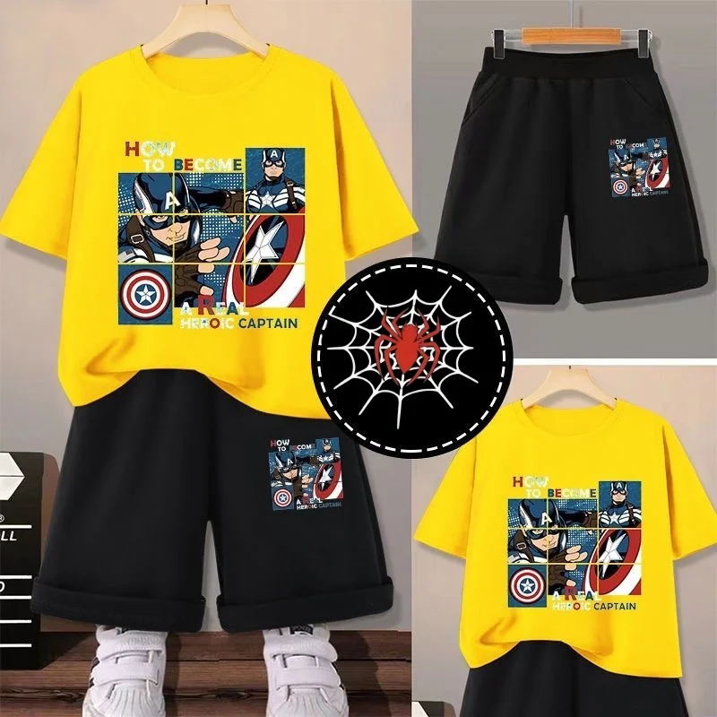 

Летний комплект одежды для маленьких девочек и мальчиков, детские футболки с принтом «Капитан Америка», костюм из двух предметов, детский спортивный костюм с короткими рукавами