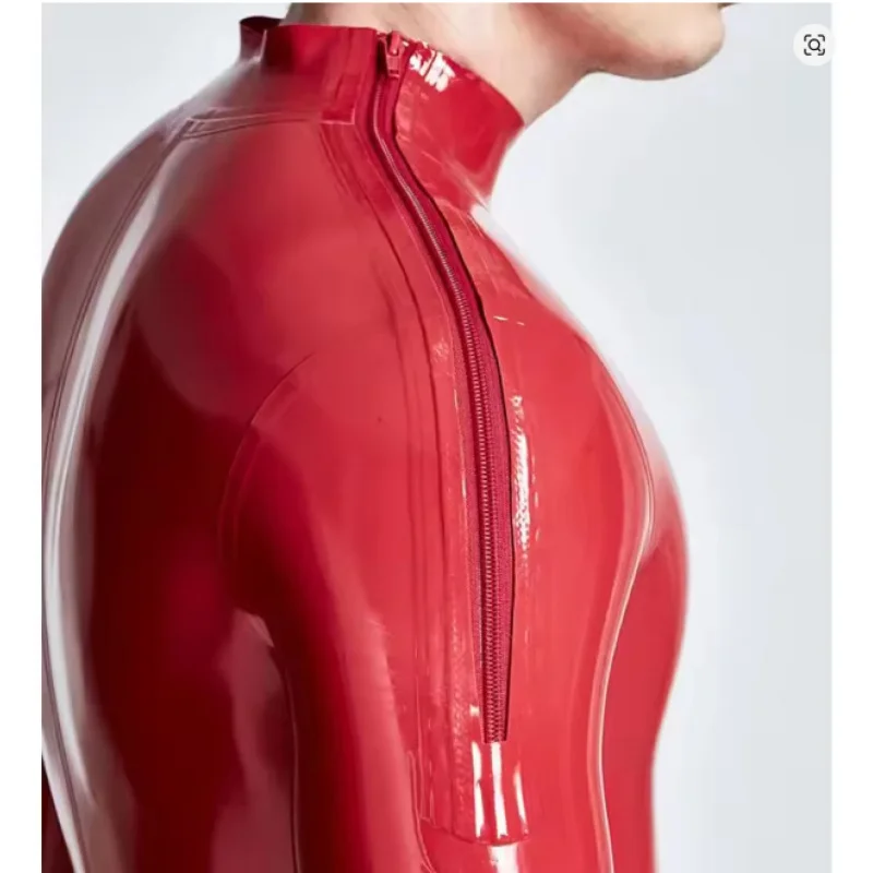 Doppelter Schulterreißverschluss Handgefertigter Roter Latex-Bodysuit für Männer Maßgefertigter Jumpsuit Herren Cosplay-Kostüme