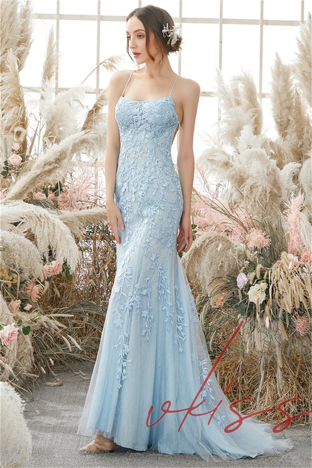 Vkiss 2022เซ็กซี่สีฟ้าลูกไม้ Mermaid ชุดราตรี Backless Sweep Train Elegant Appliques Tulle Gowns อย่างเป็นทางการ Gowns