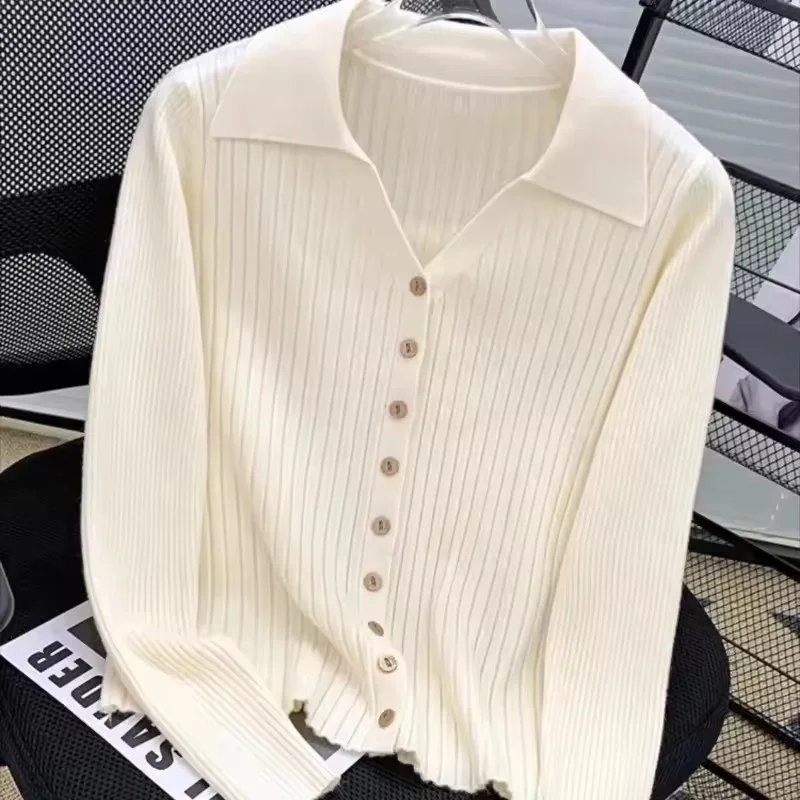 

Новинка 2026, осенне-зимний женский корейский вязаный кардиган с воротником-поло, темпераментный женский свитер, пальто, куртка, повседневный свободный женский топ