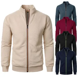 New Spring Autumn Zipper Stand Collar Hoodie Coat Men's Casual Jacquard Cardigan Sweatshirts Jackets for Men Contrast Color