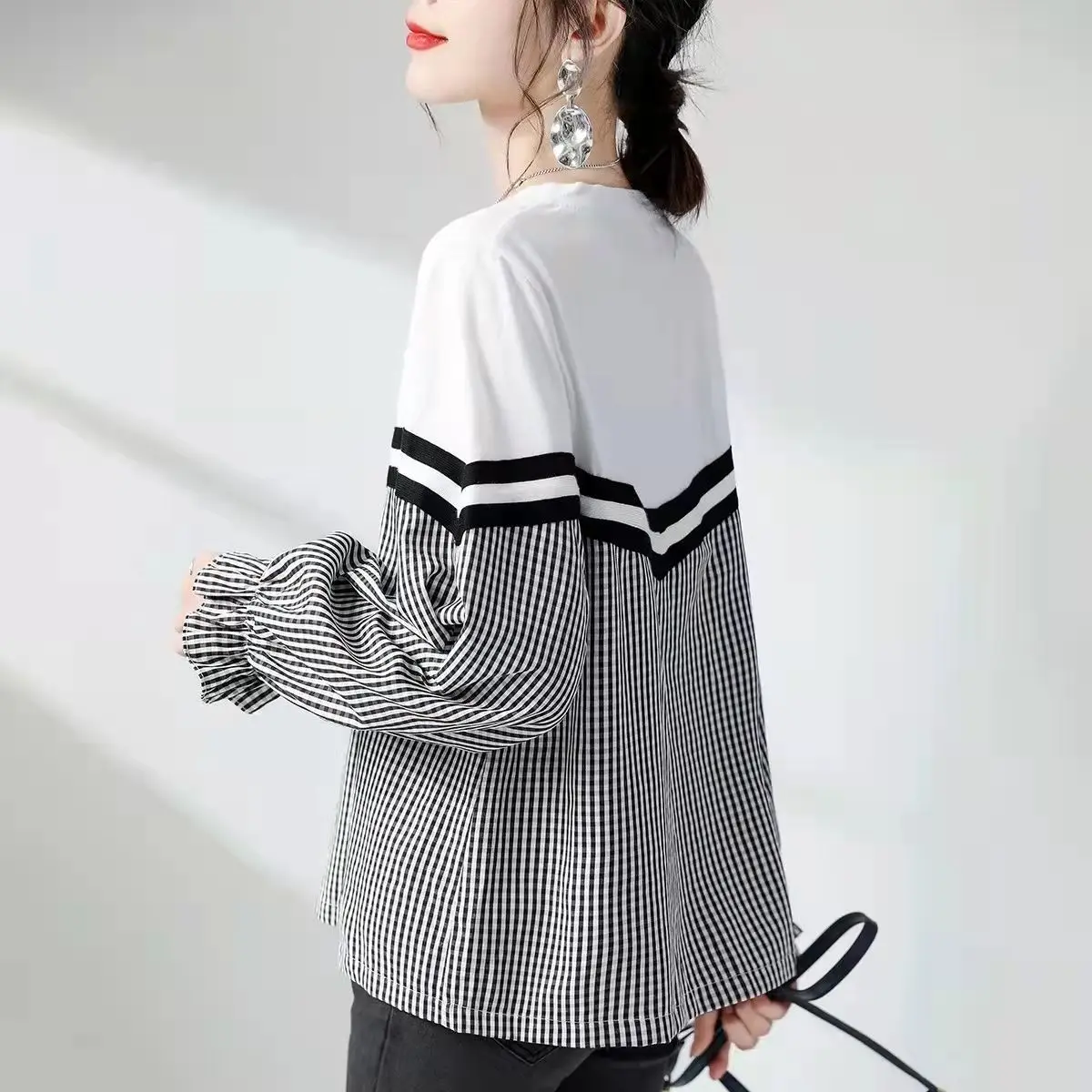 2022 Spring Autumn Sweatshirt Women Lattice Patchwork Long Sleeve Sweatshirt Fashion Simple Contrast Color Loose Clothes