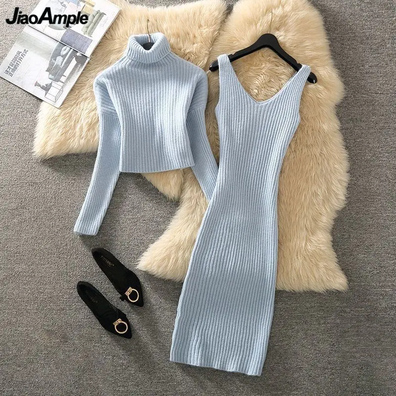 

Women's Autumn Winter Basic Joker Solid Turtleneck Sweater Tank Dress 2 Piece Set 2024 Lady Knit Tops Sleeveless Dresses Outfits