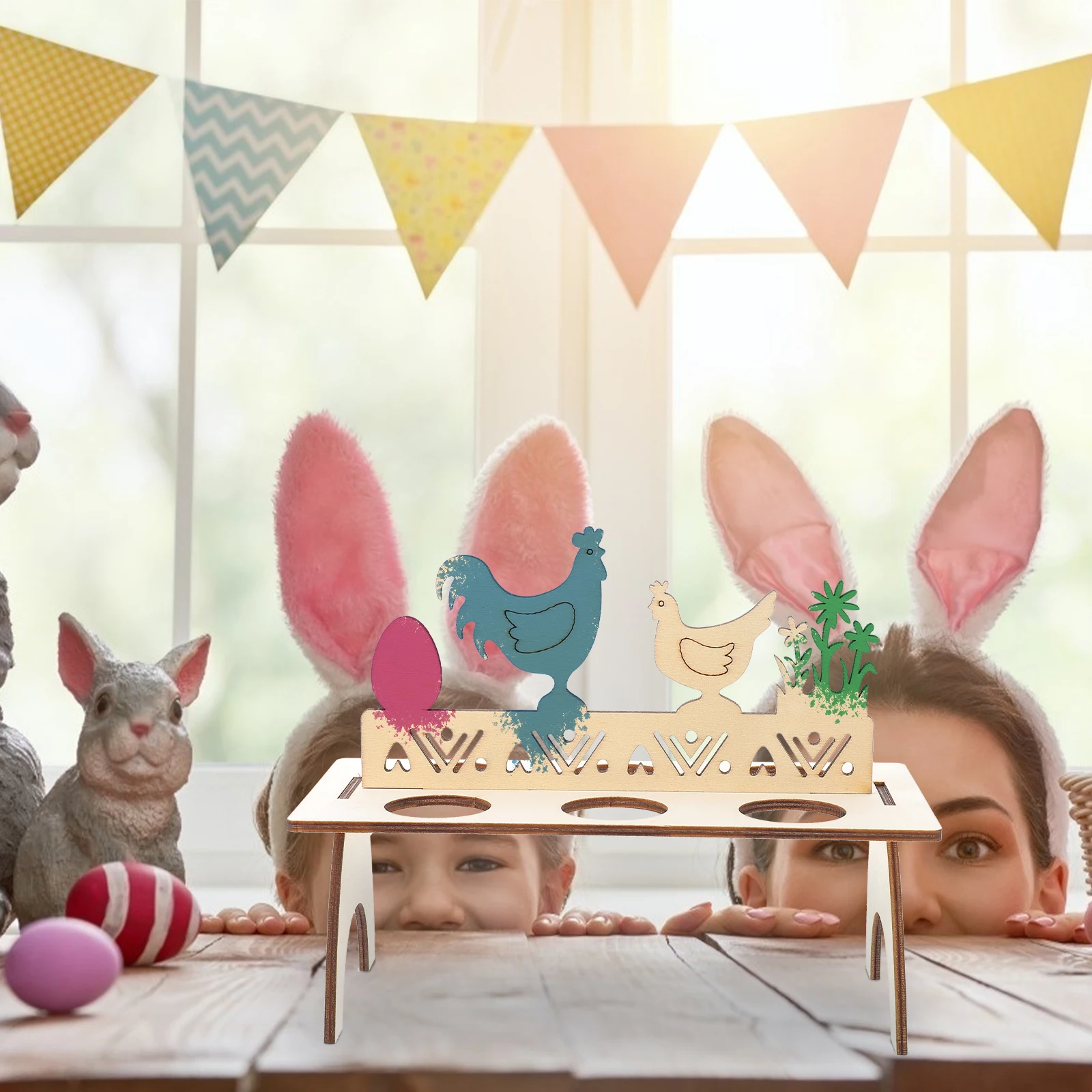 

Wooden Rabbit Easter Egg Holder with Fine Craftsmanship Flat Base Design Decorative Festival Home Accessory Rack
