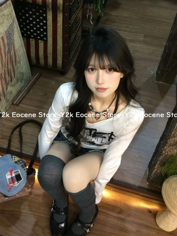 미국 복고풍 편지 인쇄 긴 소매 티셔츠 여성 봄 미적 새로운 뜨거운 여자 작업복 탑 2000 년대 고딕 Y2k 캐주얼 의류