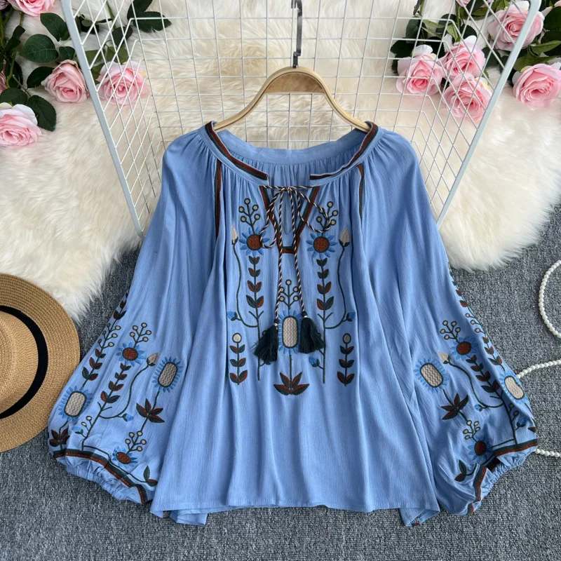 Women's Loose Casual Tie Front Round Neck Top Russian Embroidered Blouse Top Shirt Pullover 2024