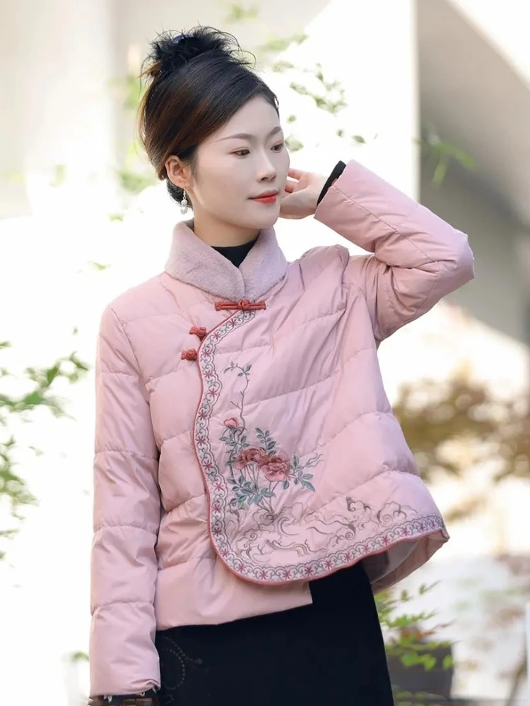 2024 Spring Autumn Quilted Clothes Chinese Style Retro Single Disc Buckle Embroidered Cotton Coat Short Jacket For Women Tops