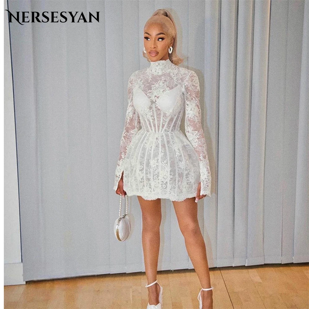 

Nersesyan Luxury Mini Lace Wedding Dresses High Neck A-Line Long Sleeves Bridal Gowns Above Knee Solid Bride Dress Free Shipping