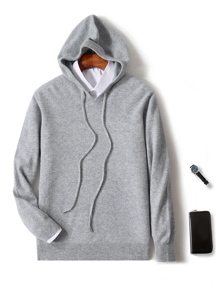 100% Merino Wool Men's Hoodie Autumn Winter Casual Fashion Soft Hooded Knitted Wool Sweater