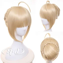 ND Anime Fate Stay Night Artoria Pendragon Saber Cosplay Hair Wigs Long Light Gold Ahoge Disk Hair Cosplay Wigs for Comic Con