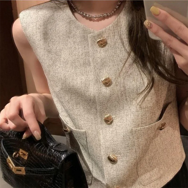 

Summer New Retro Small Fragrance Vest Woven Fabric Texture Small Gold Button Vest Round Neck Single-Breasted Comfortable Coat