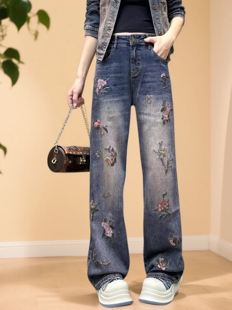

Faionable Embroidered High Waist Wide Leg Denim Pants Women's Spring Casual Straight Plant Floral Patterned Slimming Long T...