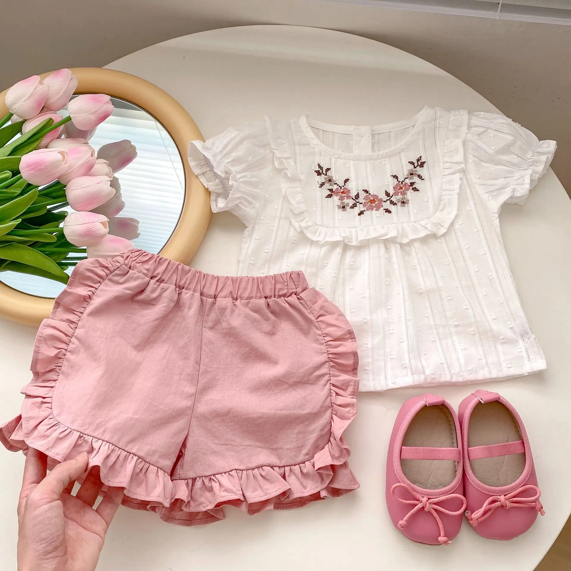 INS Summer New Baby Cotton Embroidered Bubble Sleeve Open Button Top+Versatile Wooden Ear Edge Shorts 2-Piece Set for Girls