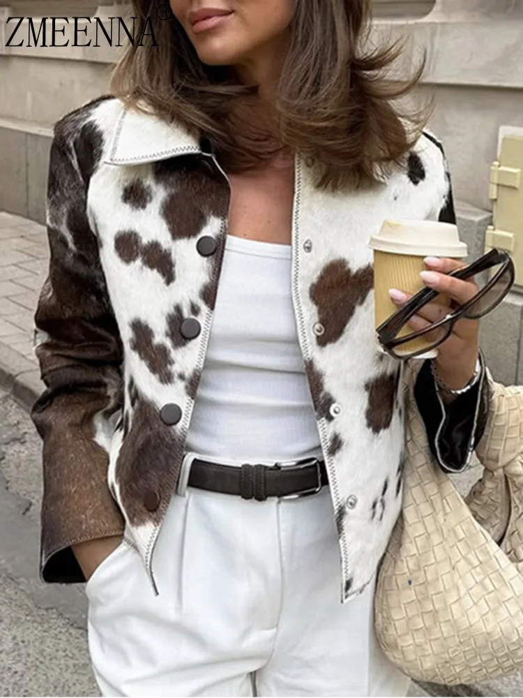 

ZMEENNA Brown And White Cow Print Jacket For Women With Full Button Closure Stylish And Unique Outerwear For Fall ZM4116