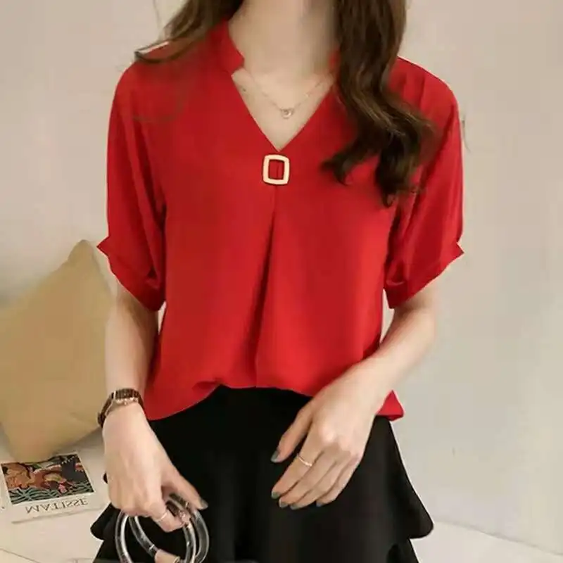 

Loose Short Sleeve Chiffon Top for plus Size Women Elegant Slimming Design Summer Fashionable Casual Shirt Large Code New 2026