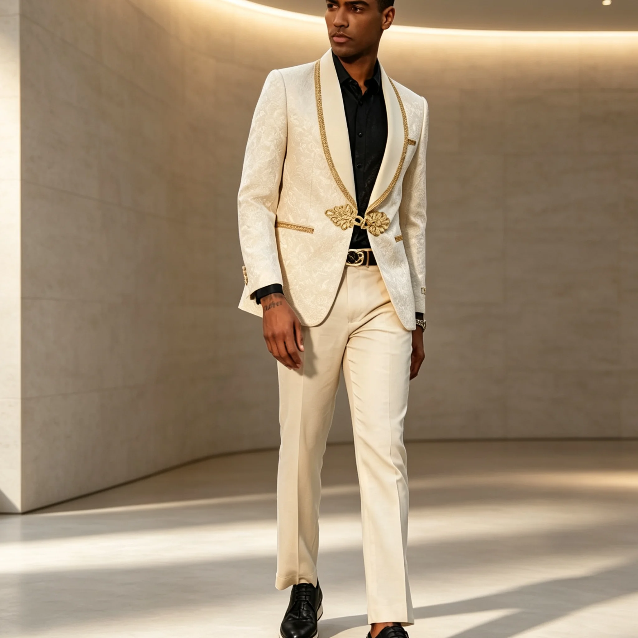 Elegant Men Suits Shawl Lapel One Button Appliques Jacket Pants Suit Customized 2 Pieces Tuxedos Business Wear