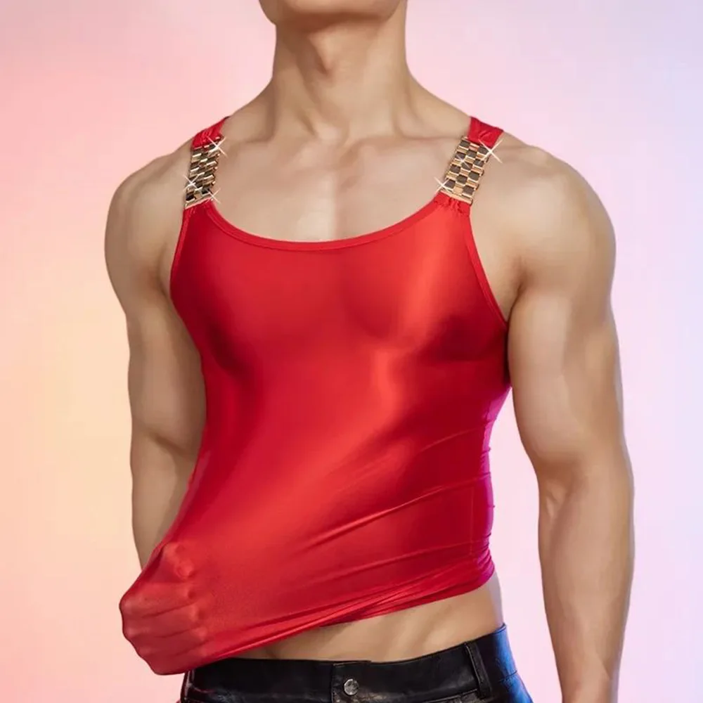 Mens Top Metal Shoulder Straps Semi Transparent Sexy Vest Summer Sports Fitness Thin Shiny Singlet Nightclub Men\'s Clothing 2024