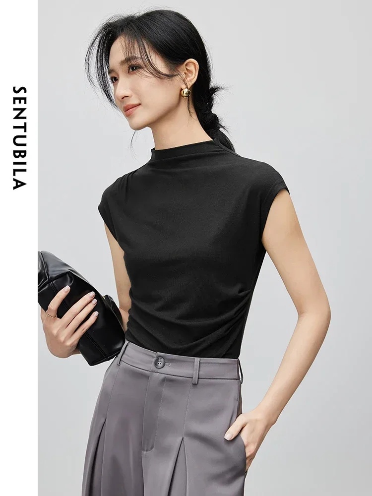 SENTUBILA Shirring Simple T-shirt for Women 2024 Summer Basic Solid Knit Short Sleeve Top Pullover Comfortable Clothes 142H54423