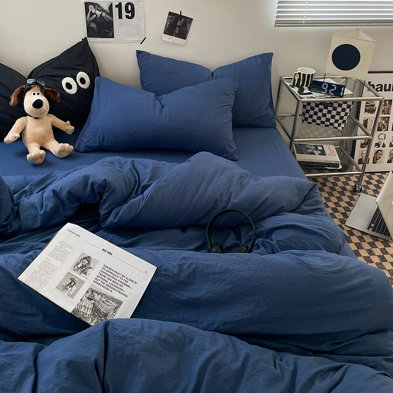 1pc Blue Duvet Cover 150x200 이불커버세트 Washed Cotton Quilt Cover Queen Size Bed Linen for Girls Boys Room (Pillowcase Need Order)