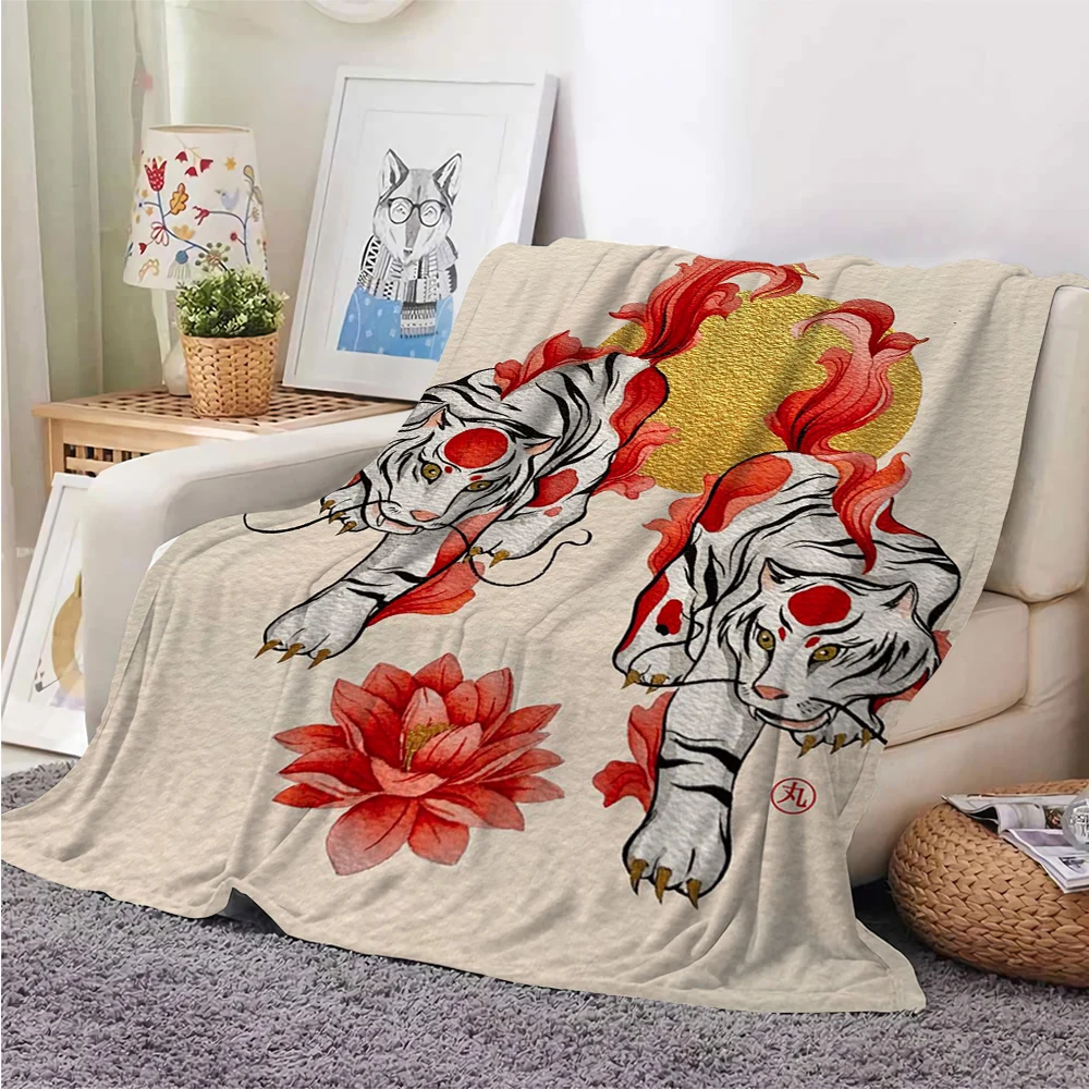 

HX Japan Ukiyoe Blanket Animals White Tiger Floral Lotus 3D Printed Flannel Throw Blankets For Beds Plush Quilt 220x150cm