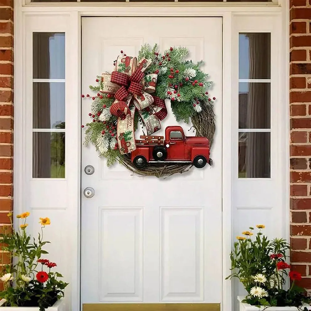 Red Truck Front Door Wreath with Pine Cones Artificial Wreath Christmas Door Wreath for Thanksgiving Xmas Decor