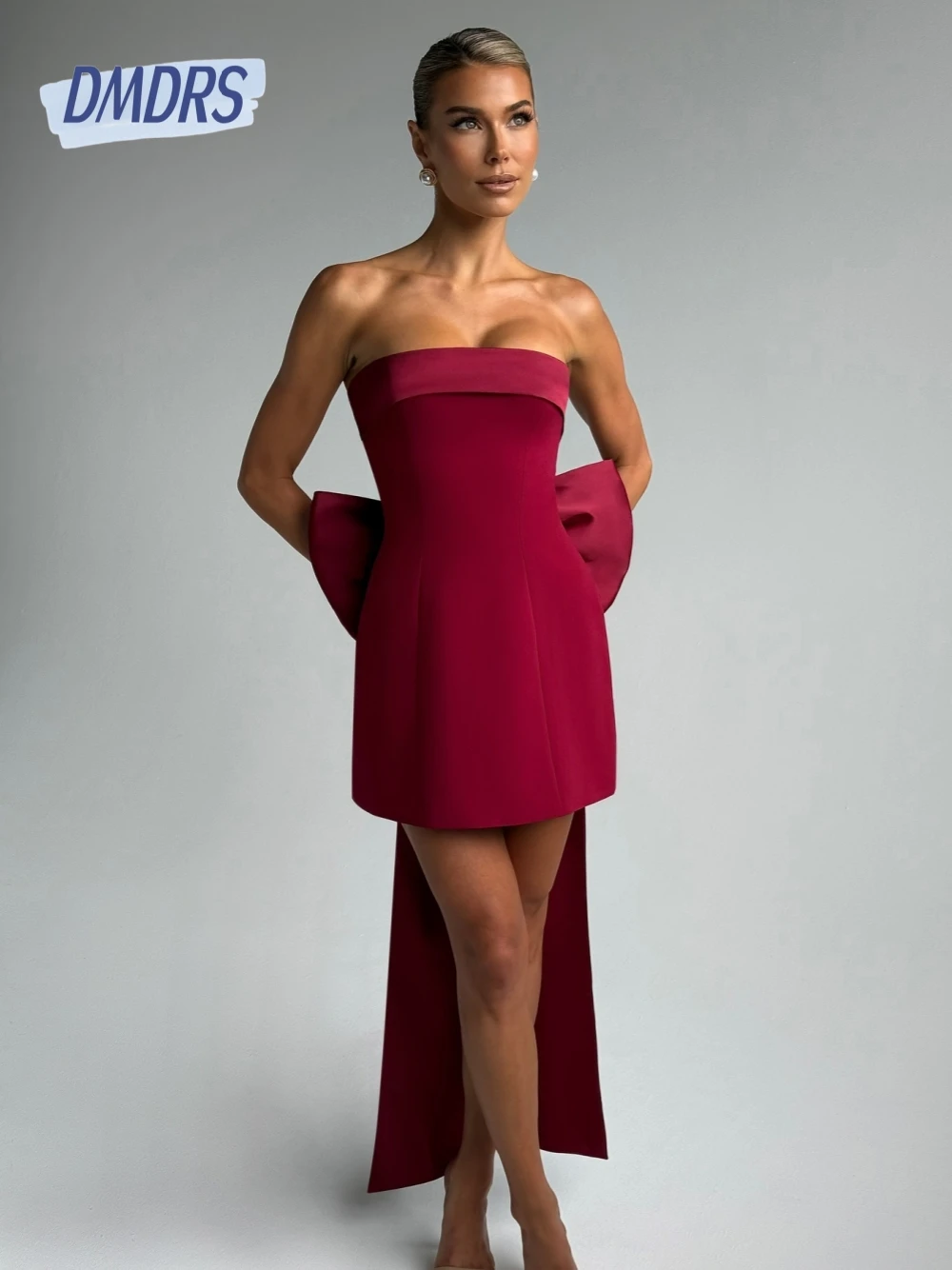 

Satin Strapless Short Evening Dress Back Bow Cocktail Delicate Customized Women Birthday Party Engagement Prom Wear Zipper Back